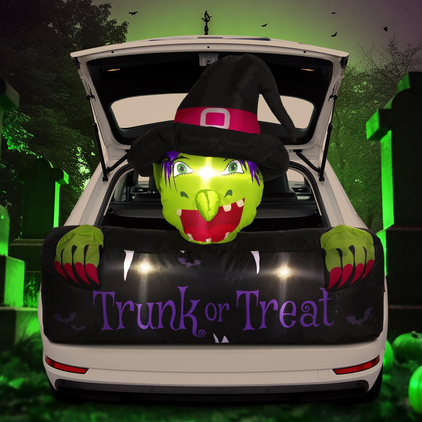 Colingmill 4.3ft Halloween Trunk or Treat Car Decoration Inflatable with Built-in LED Blow up Halloween Inflatable Witch Cat Pumpkin Outdoor Decor for SUV Yard Holiday Party Decor(Witch)