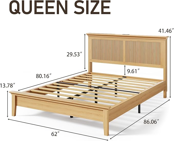 Lifezone Wood Queen Bed, Solid Wood Bed