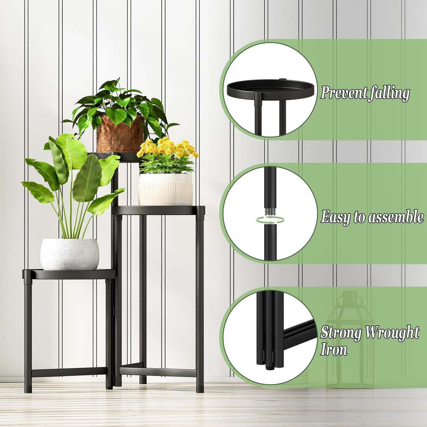 Atpddpey Plant Stand indoor outdoor-3 Tier black Tall Metal Flower Pot Holder 9in Wide Potted Display Rack - Heavy Duty Corner Plant Shelf for Patio Garden Balcony Living Bedroom Room