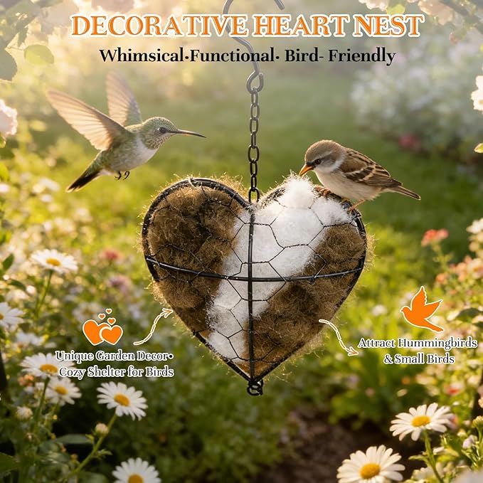 Handmade Fiber Bird Nesting Heart, Refillable,Birds Nests Material Holder, Winter Tree Shelter for Wild Bird,Outside Garden Art Birdhouse,Animal Hummingbirds Lovers Home
