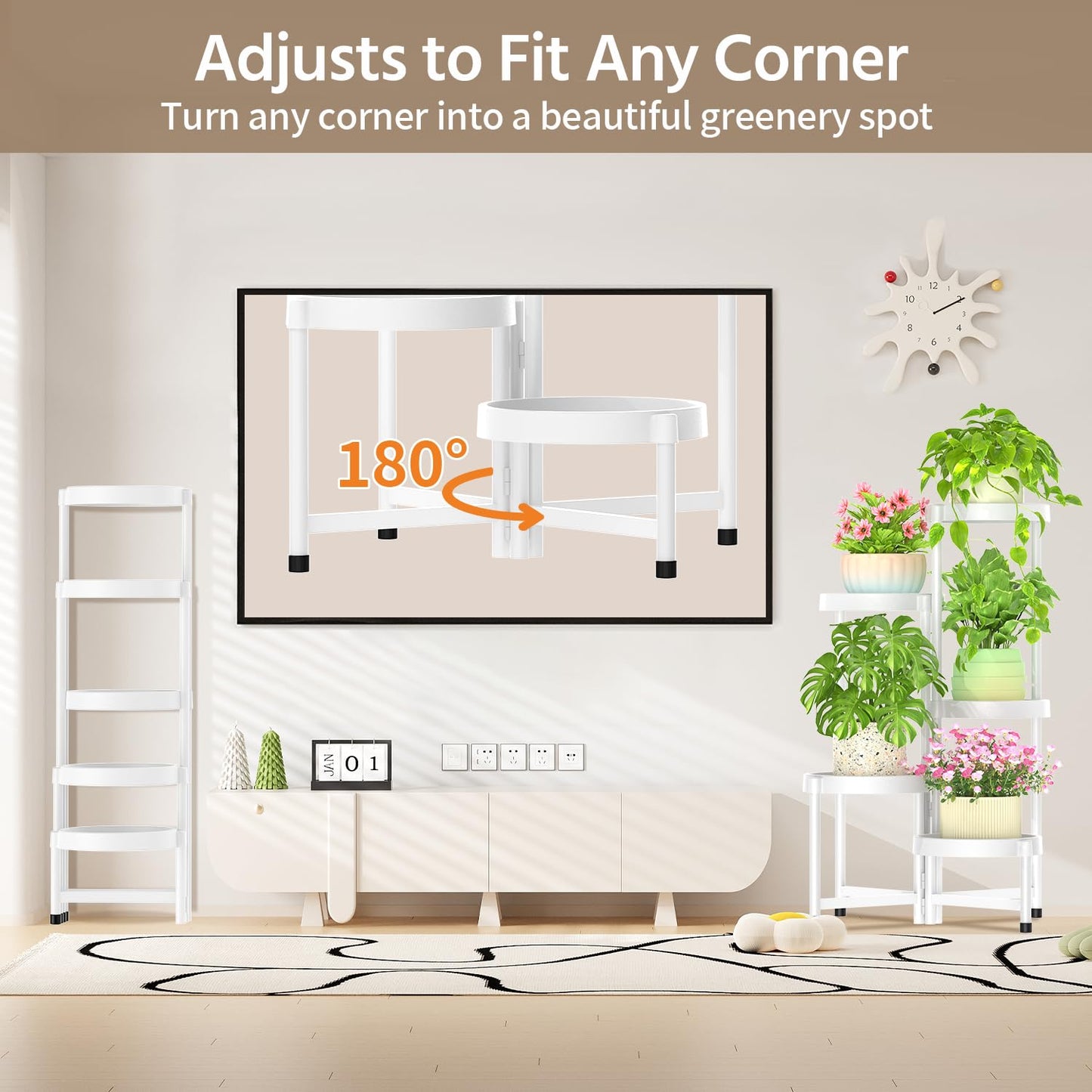 LASZOLA 5 Tiered Plant Stand Indoor Outdoor with Plastic Tray, Corner Folding Tall Flower Display Rack, Modern Plant Holder Shelf for Outdoor Patio Porch Garden Office Living Room, White