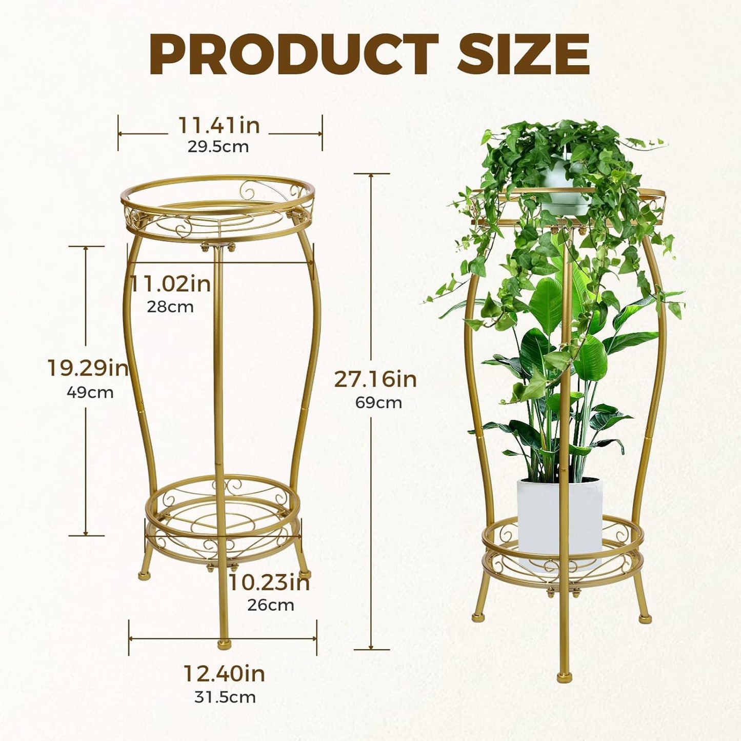 Kavlium Plant Stand Indoor Outdoor，Tall Gold Metal Rustproof Stable Plant Stands，2 Tier 27.1 inch Multiple Plant Rack Holder Rack Flower Pot Stand Heavy Duty Plant Shelf (Gold)