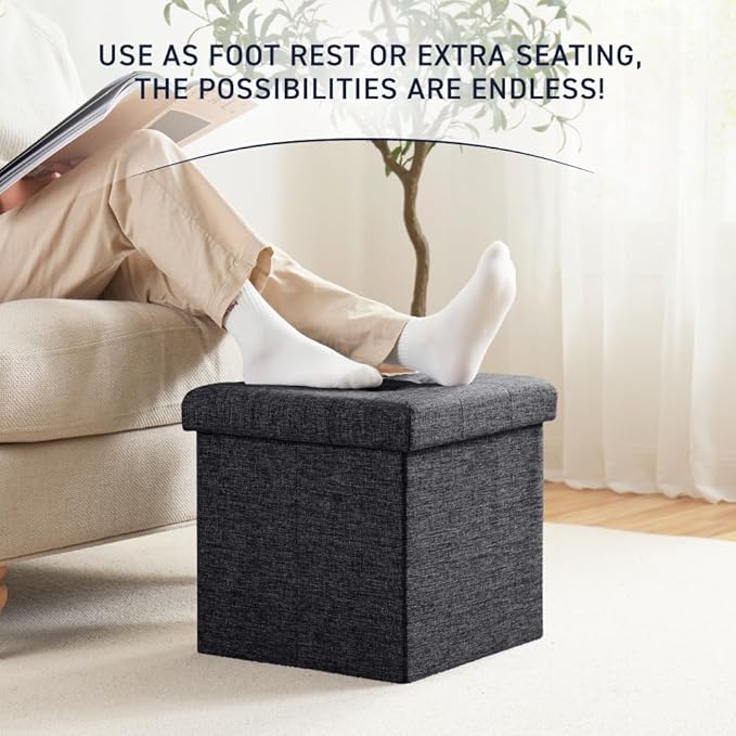 Ornavo Home 2 Pack 15 Inch Folding Storage Ottoman, Square Cube Linen Small