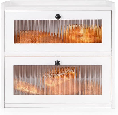 Sunhoo Bread Box for Kitchen Countertop Wooden Bread Storage Container Bin 2 Layer Breadbox Holder Large Capacity Keeper Vintage Farmhouse Food Organizer Pantry Shelf Acrylic Window (White)