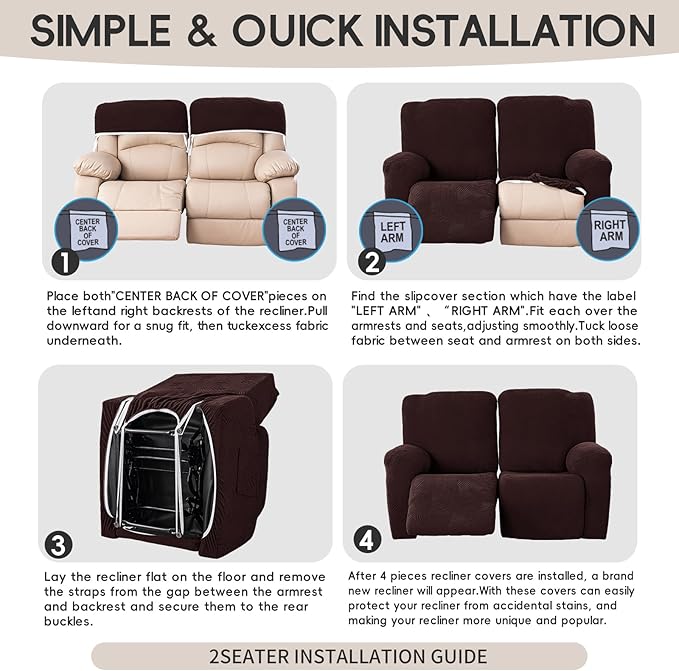 Recliner Loveseat Covers, 4-Piece Stretch Geometric Strokes Jacquard Reclining