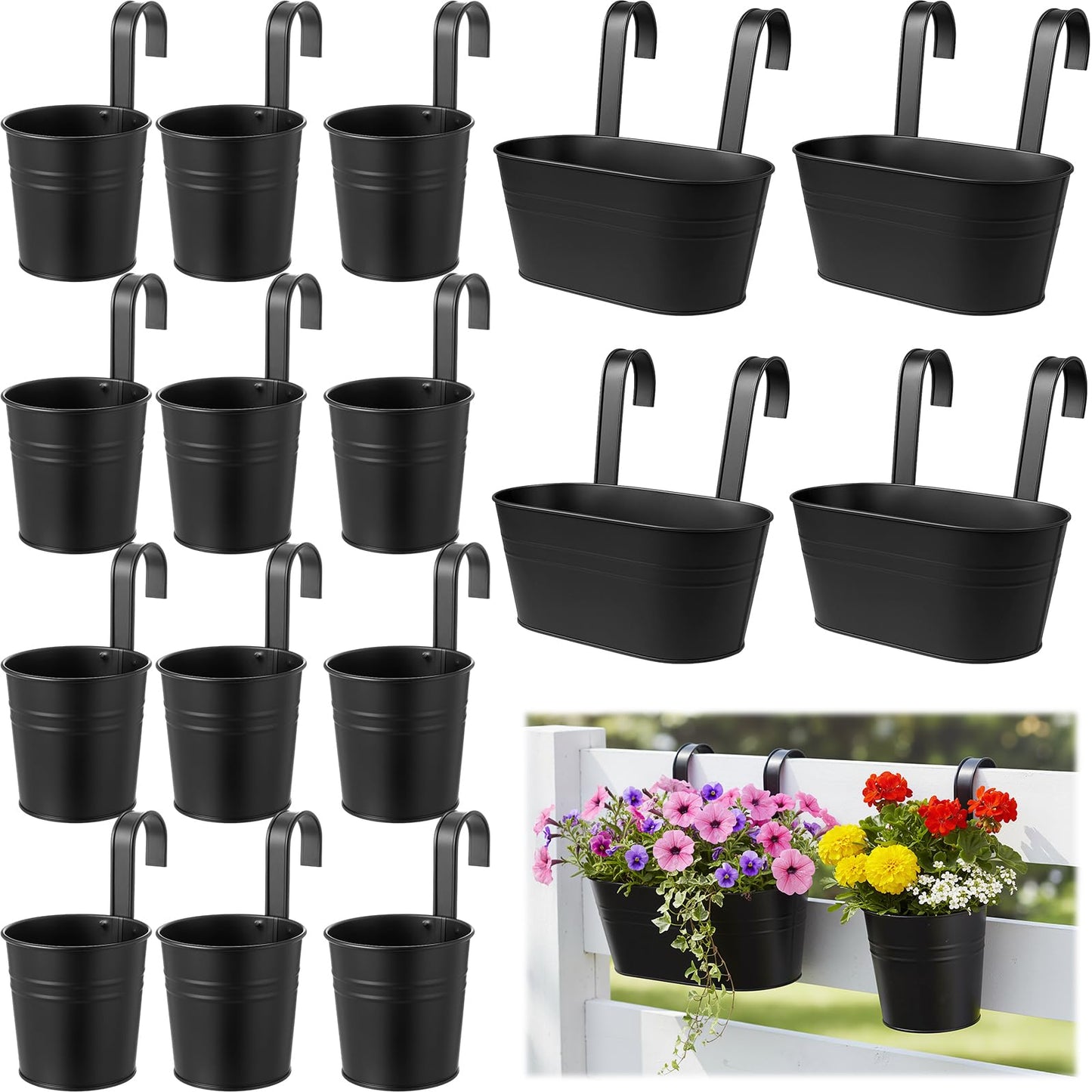 Romooa 16 Pcs Hanging Flower Pots Planters for Outdoor Metal Iron Wall Flower Planter Baskets for Railing Fence Balcony Garden Yard Home Indoor Decoration with Detachable Hooks(Black)