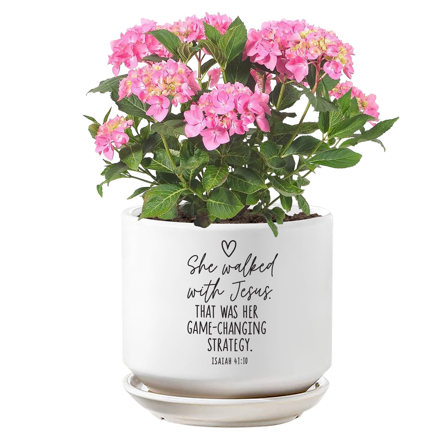 Lighthouse Christian Products She Walked with Jesus - 5 x 5.5 White and Black Ceramic Standing Planter - Faith Home Accent - Christian Gift for Plant Lovers