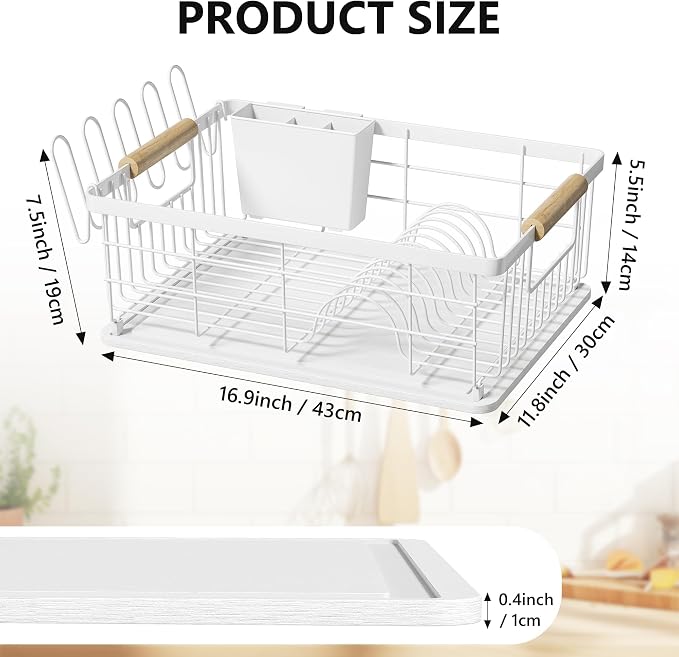 Dish Drying Rack White with Diatomaceous Earth 1 Tier,Multifunctional Dish Racks for Kitchen Counter Quick-Drying,Large Capacity Space Saving with Cutlery Cups Holder