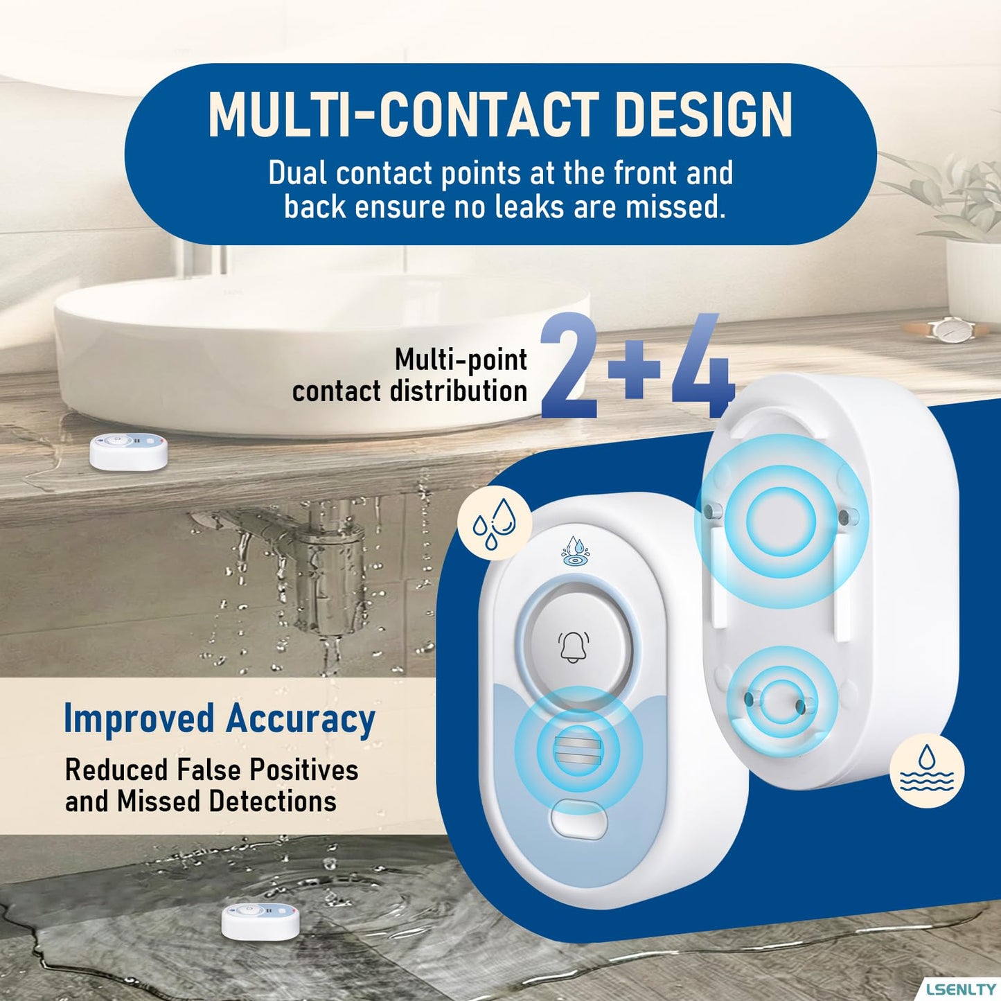 LSENTLY Water Leak Detector Supports 5 Years Standby Time, LED Indicator & 100dB Leak Alarm & Low Battery Reminder Water Alarm, IP66 Waterproof for Home Tub Sinks Washer (Cannot Connect Wi-Fi)