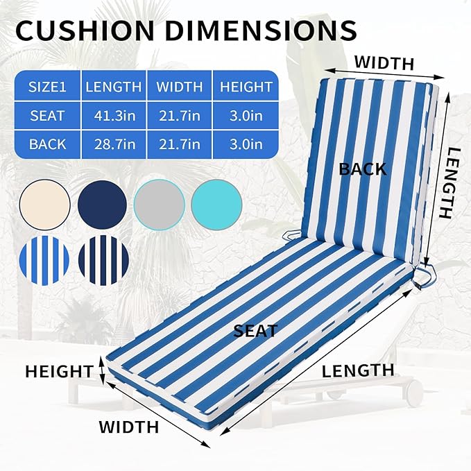 Outdoor Chaise Lounge Cushions for Patio, Waterproof Replacement Seat Cushions