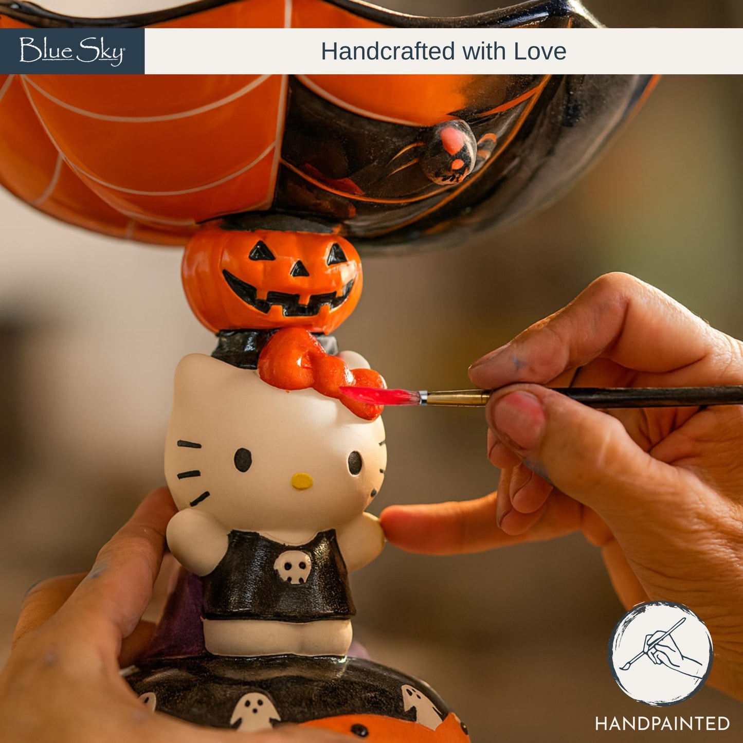 Blue Sky Clayworks HELLO KITTY Spider Web Pedestal Candy Bowl, Ceramic 8" L x 8" W x 9" H, Halloween Party Centerpiece