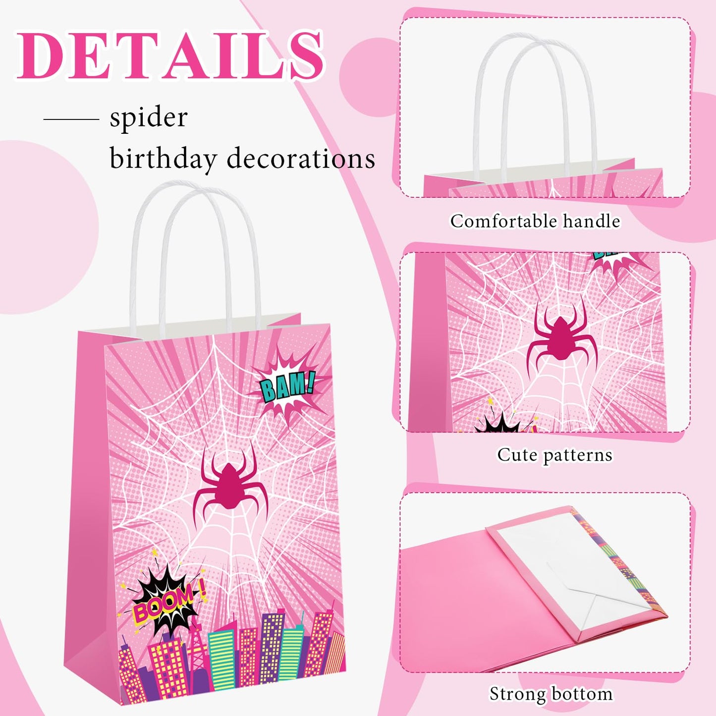 Henoyso 24 Pcs Pink Spider Party Favor Goodie Bags with Handles Pink Ghost Theme Birthday Decorations Treat Candy Snack Gift Bags for Baby Shower Birthday Party Supplies