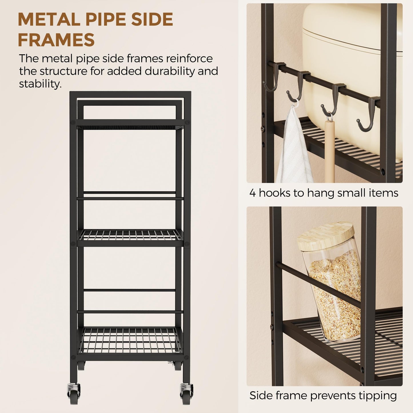 XIVIRACK 3-Tier Metal Storage Rack with Industrial Wheels,Mesh Shelving Unit with Wooden Table top,Adjustable Shelf,23.6-Inch Width,15.8-Inch Depth, for Kitchen, Laundry,Pantry,Plant,Black panel