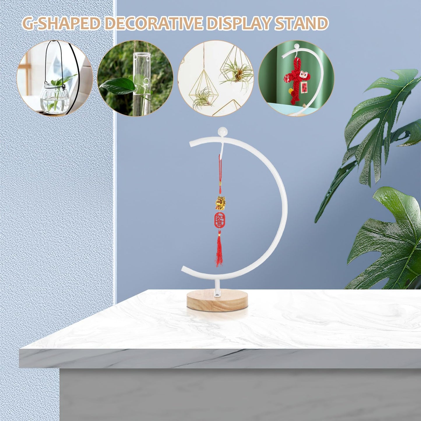 ERINGOGO G-shaped Hanging Ornament Display Stand with Wooden Base Metal Hook Rack for 12-20cm Glass Ball Terrariums Indoor Air Plant Holder Home Decor