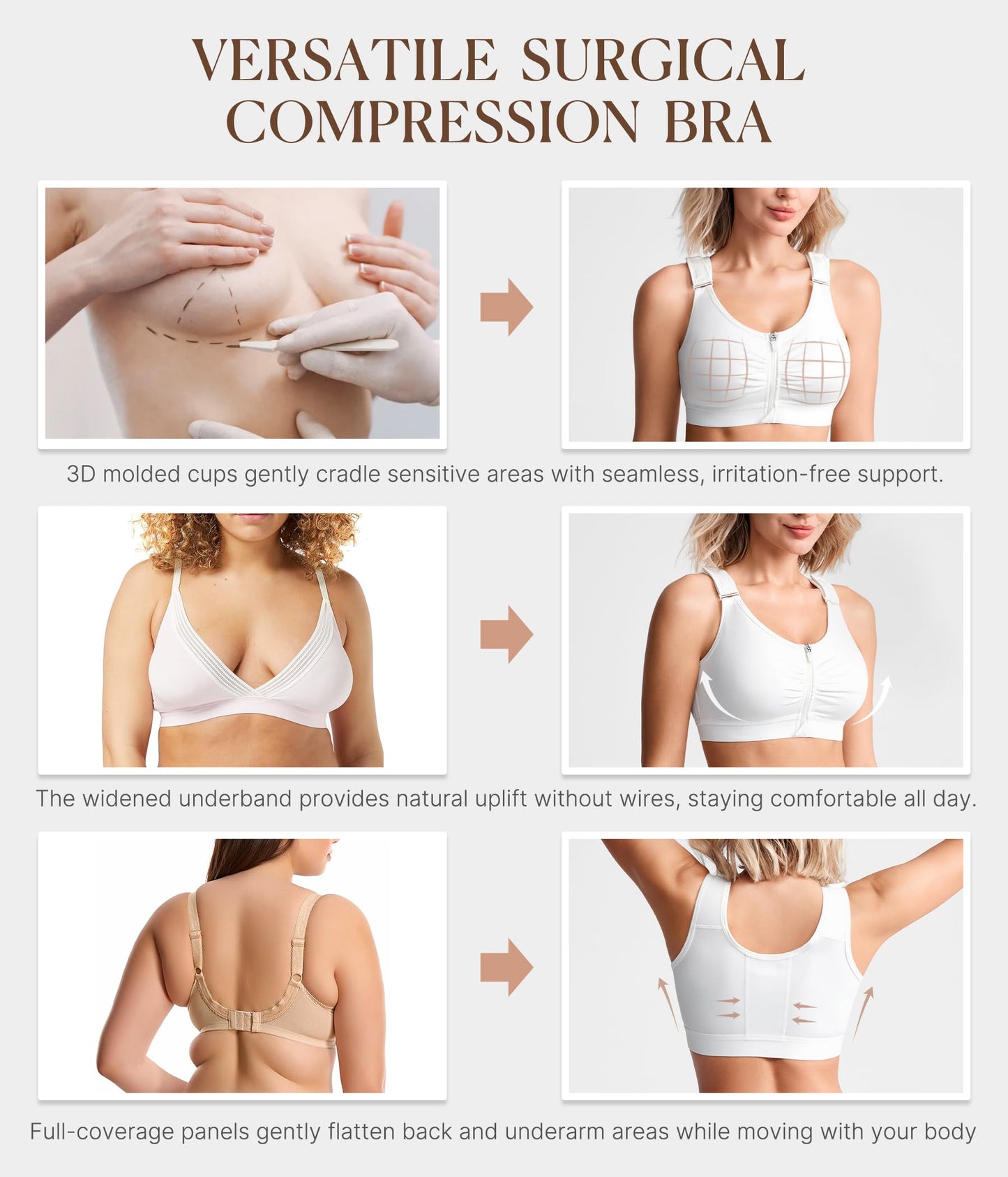 BRABIC Zip Front Closure Everyday Bra for Women Post Surgery Compression Support with Adjustable Straps Wirefree (Medium, White)