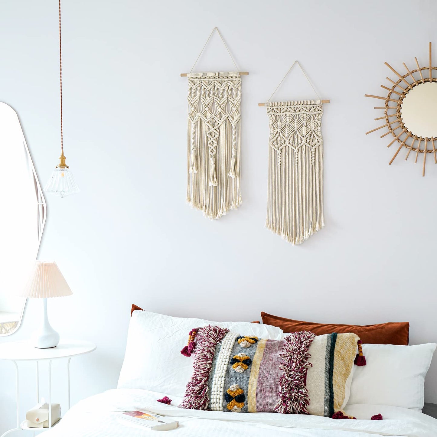 Mkono Macrame Makeup Brush Holder and Macrame Wall Hanging for Bedroom, Living Room, Nursery, Dorm, Teen Girl Gifts, Set of 3