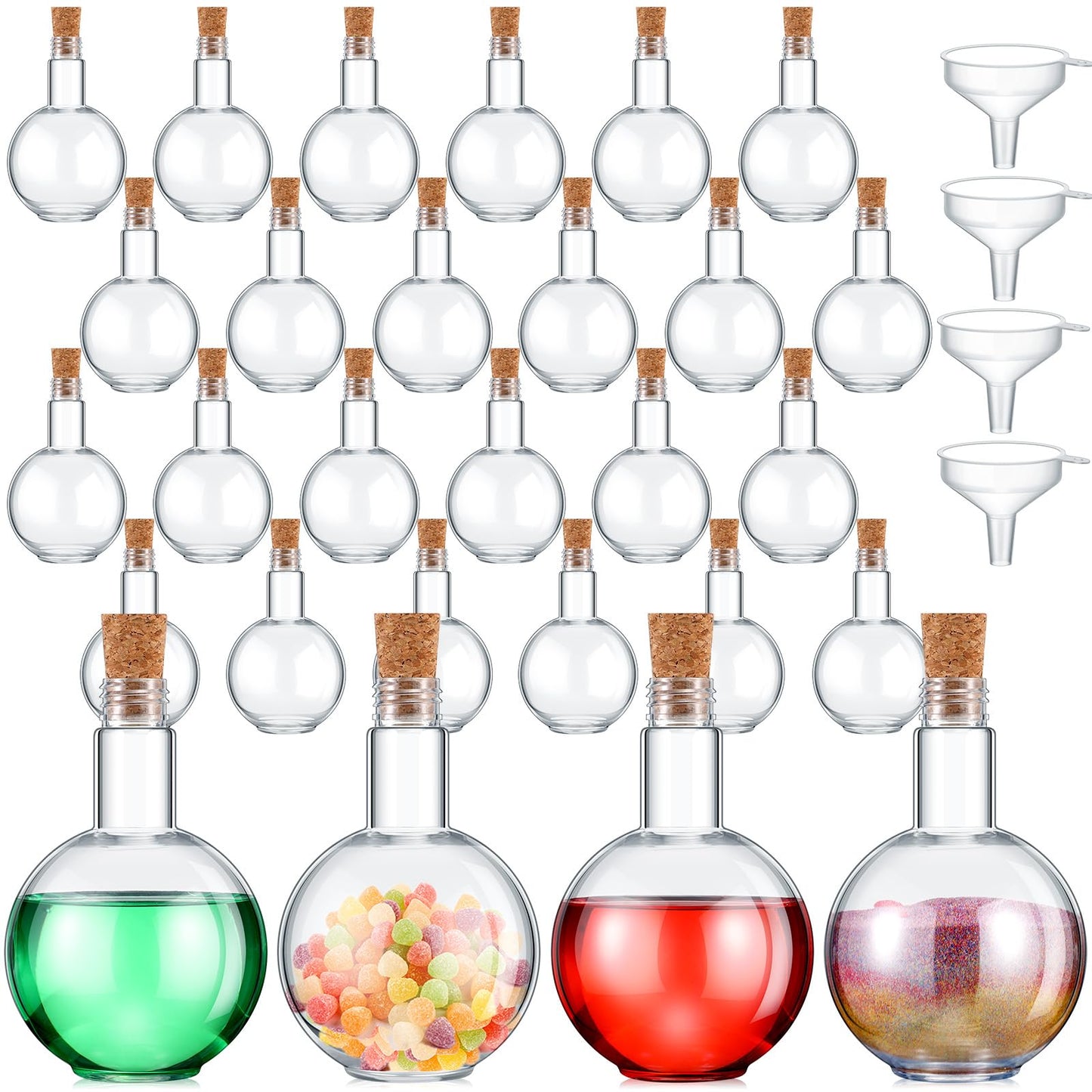 Baderke Plastic Potion Bottles with Cork 8 oz Sand Art Ball Shape Bottles with Funnels Spherical Decorative Candy Jar for Cocktail Witch Costume Props Party DIY Crafts(20 Sets)