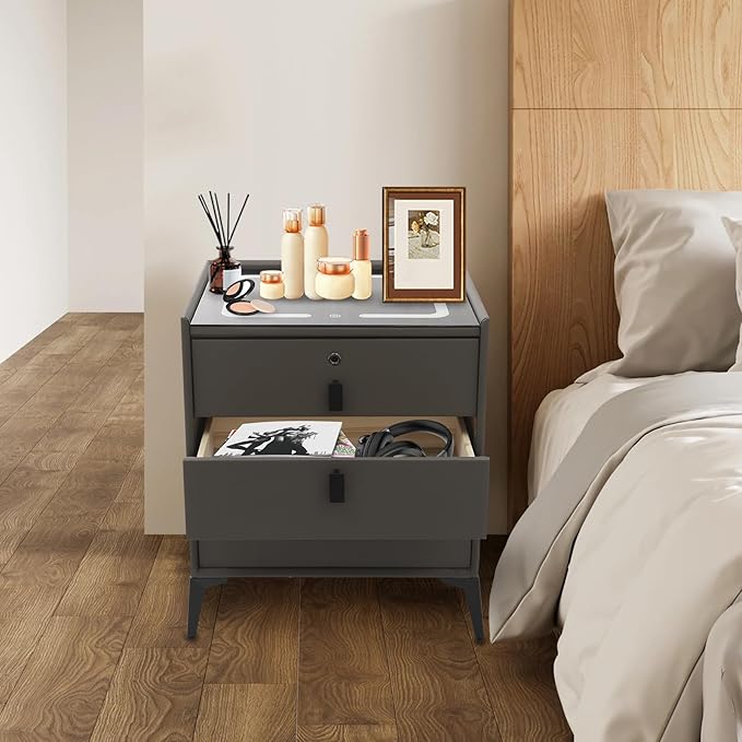 Smart Nightstand with 3 Drawers, Tri-Color Lights, Wireless Charging Port and