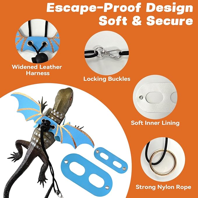 Dinosaur Wing Leash Harness for Bearded Dragons - 3-Size Adjustable Reptile Harness Set, Safe Escape-Proof Design for Lizards, Geckos, Iguanas & Small Pets (Pink)