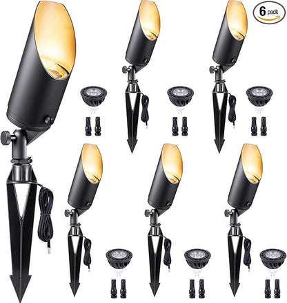 Gardenreet 12V Spot Lights Solid Brass - Black Outdoor Low Voltage Landscape Spotlight, Wired LED Uplights Waterproof, Stretchable Shroud for Patio Wall with 5000K Daylight MR16 Bulb (6 Pack)
