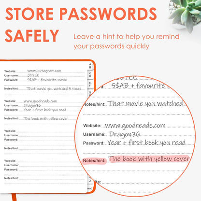 Elegant Password Book with Alphabetical Tabs - Hardcover Password Book for Internet Website Address Login - 7" x 10" Password Keeper and Organizer w/Notes Section & Back Pocket (Orange)