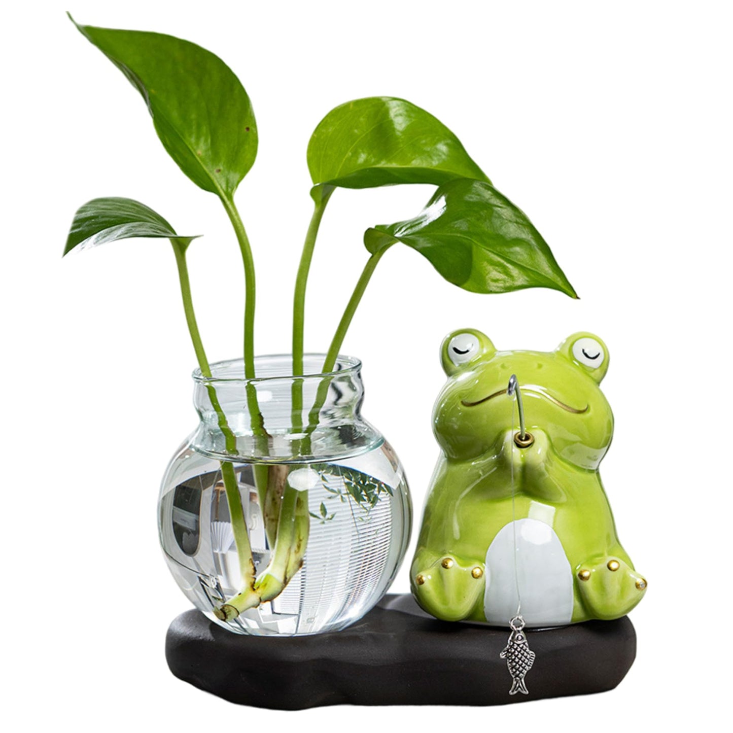 Glass Planter with Ceramic Stand, Cute Frog Fishing Propagation Vase for Plants, Hydroponic Planter for Indoor Home Office Desk Decor