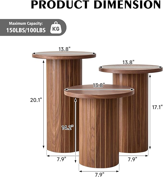Round Side Tables Set of 3, Circle Modern Fluted Nesting Coffee Table, Accent