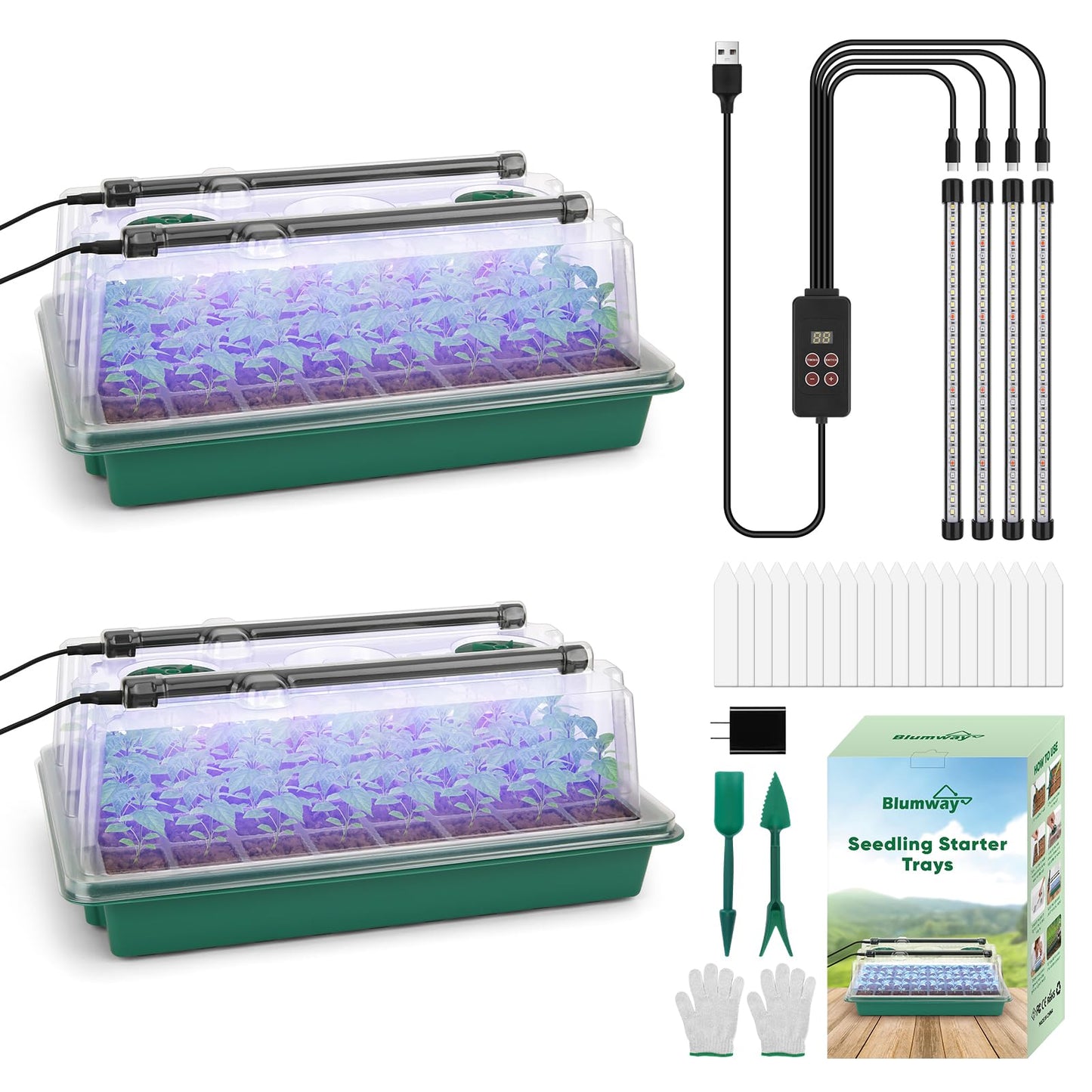 BlumWay Seed Starter Tray with Grow Light,80-Cells Seedling Tray with Humidity Dome/Indoor Grow Kit,1-24 Hours Timed Light Plant Starter Set,White&Blue&Red Grow Light