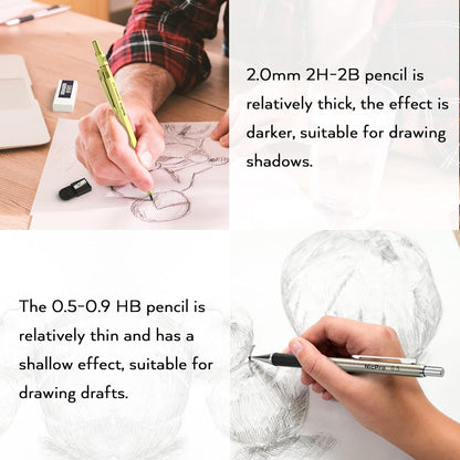 Nicpro Gold Art Mechanical Pencil Set, Metal Drafting Pencil 0.5, 0.7, 0.9mm & 2mm Lead Holder(2B HB 2H) For Sketching Drawing With Lead Refills Case