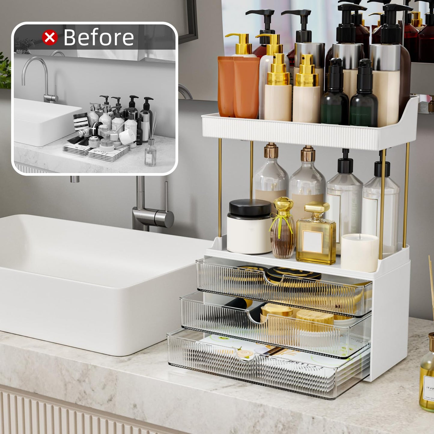 3 Drawers Bathroom Counter Organizer - 5 Tier Makeup Organizer, Versatile Perfume Organizer, Ideal for Bathroom Storage, Vanity, Large Skincare, Perfume, Present, Clear