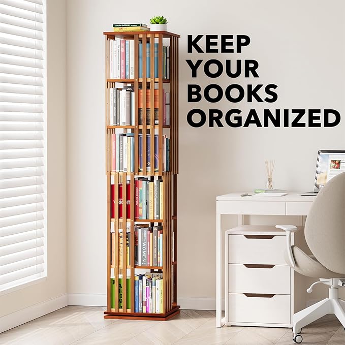 SpaceAid 6 Tier Rotating Bookshelf Tower, Bamboo Spinning Book Shelf, Revolving