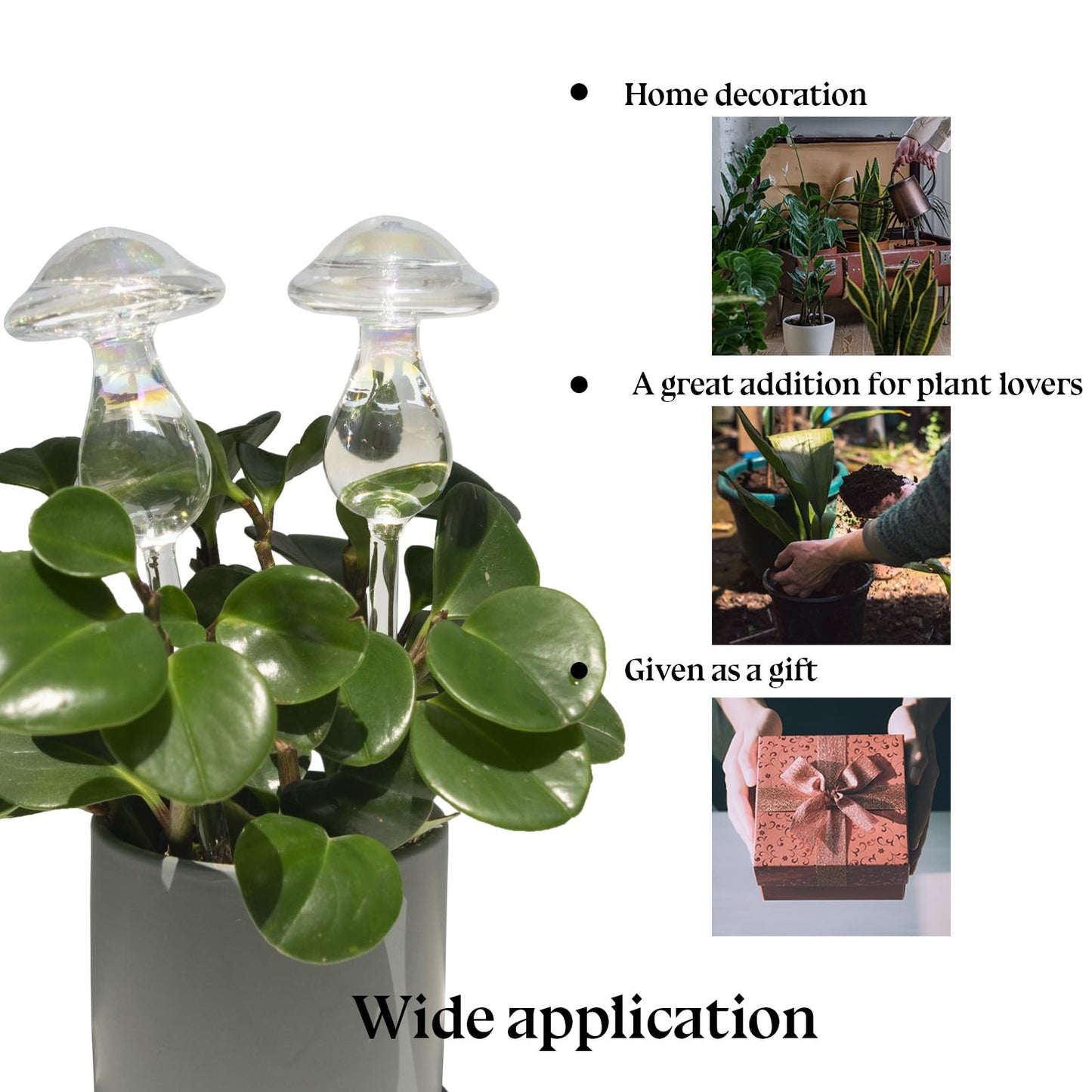 HyJeryty Non-Clogging Iridescent 3 Pack Mushroom Plant Watering Globes with Terracotta Spikes, Hand Blown Glass Self Watering Planter Insert Plant Watering Devices Bulbs for Indoor and Outdoor Plants