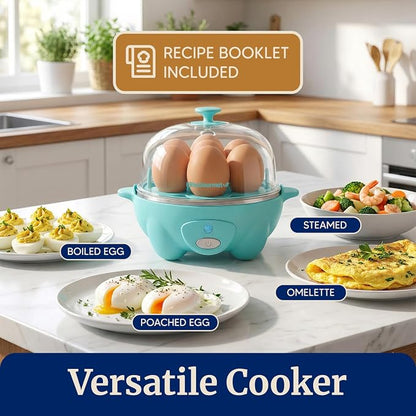 Elite Gourmet EGC-007T# Rapid Egg Cooker, 7 Easy-To-Peel, Hard, Medium, Soft Boiled Eggs, Poacher, Omelet Maker, Auto Shut-Off, Alarm, 16-Recipe Booklet, Teal
