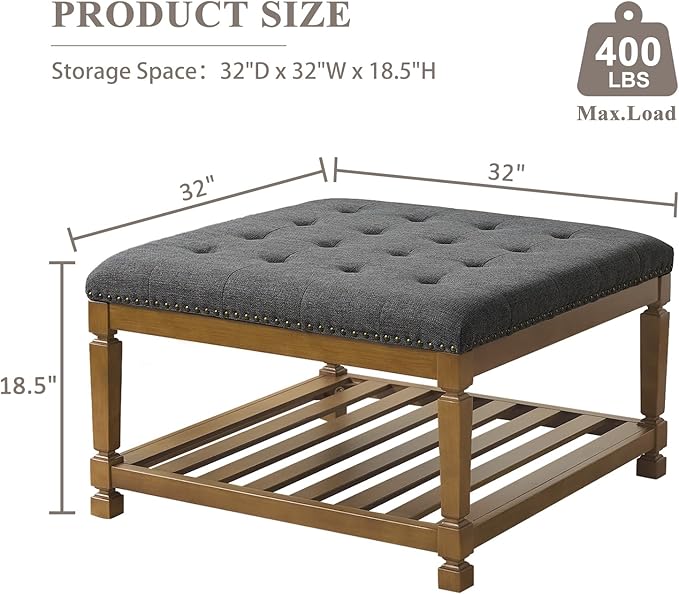 Befurtori Large Square Ottoman Coffee Table, Linen Solid Upholstered Footrest