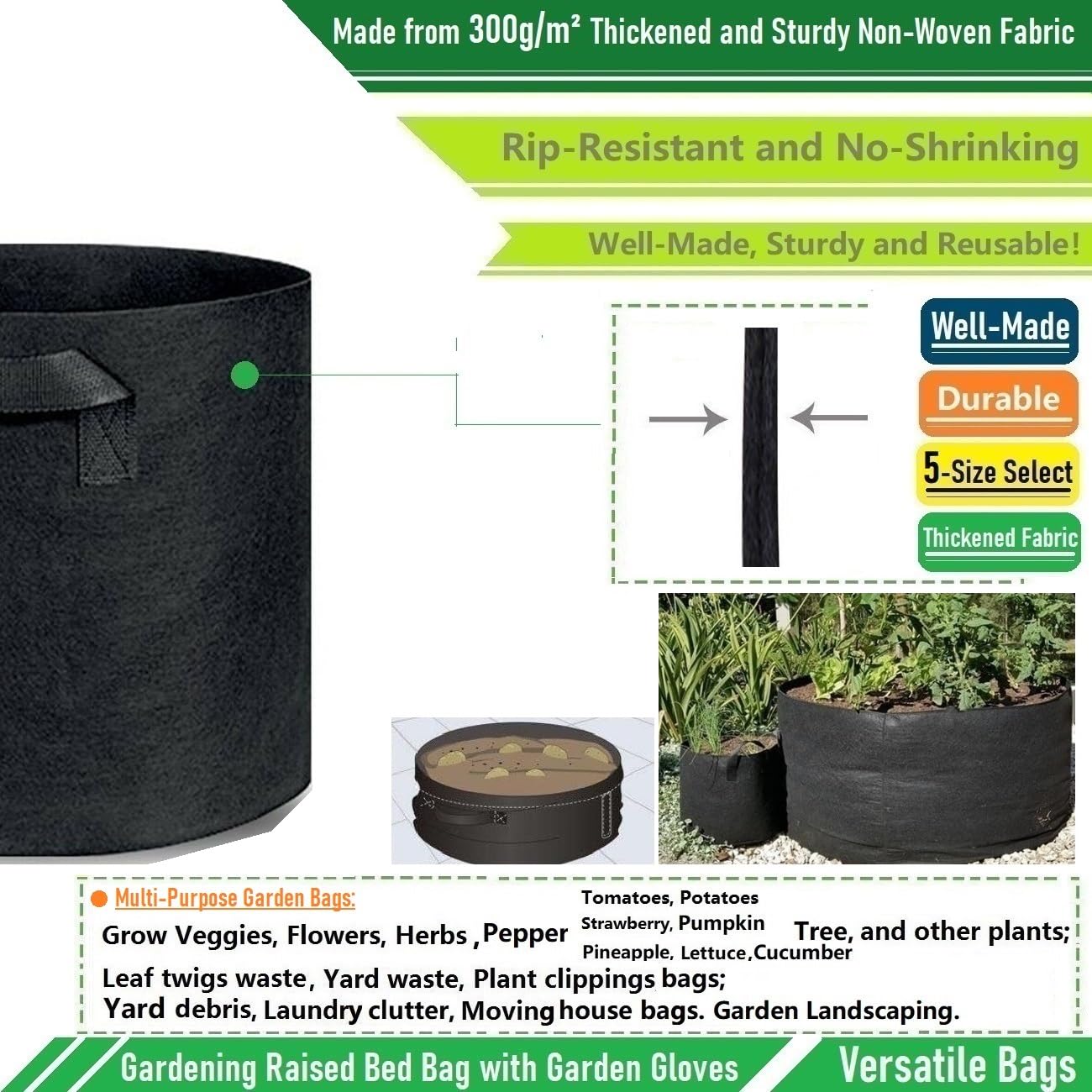 200 Gallon Big Raised Garden Bed Bag (50x24 inch) Large Plant Grow Bag for Tomato,Potato Planter,Herbs Veggies Planter,Flower Bed,Plant Container,Yard Waste,Lawn Debris,Leaf Bag with Gardening Gloves
