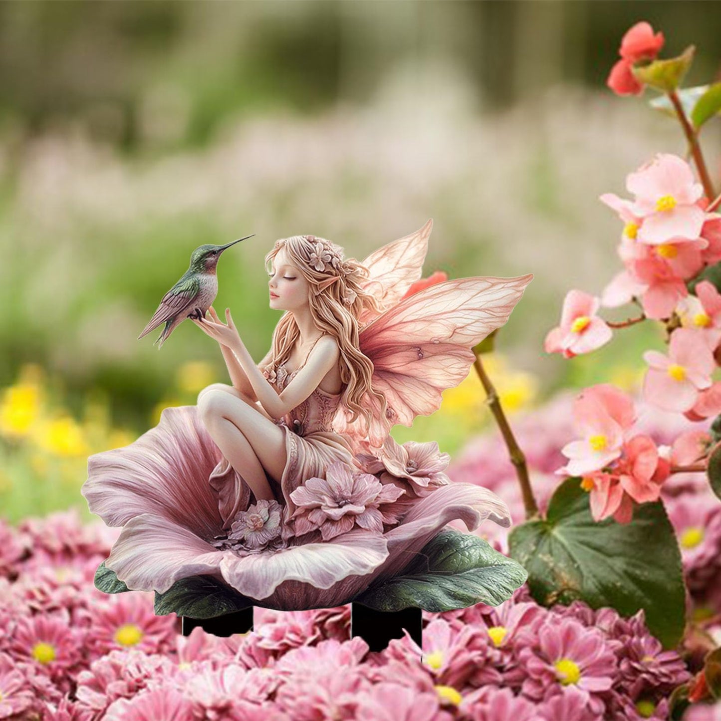 ANNUOZE Fairy Garden Stake Decor, 2D Flat Acrylic Fairy Garden Decor Panel, Elf Yard Sign for Outdoor Indoor Yard Lawn Plants Pots, Fairy Garden Accessories (Flowers Fairy and Hummingbird)