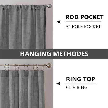 Tollpiz Short Linen Curtains Living Room Rod Pocket Semi Sheer Curtain Burlap Light Filtering Thick Linen Drapes for Bedroom, 54 x 54 inches Long, Dark Grey, Set of 2 Panels