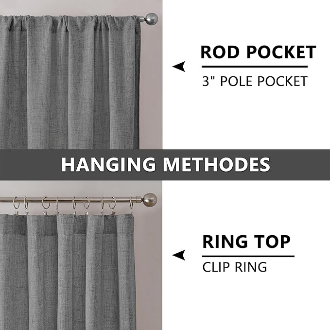 Tollpiz Linen Curtains Living Room Rod Pocket Semi Sheer Curtain Burlap Light Filtering Thick Linen Drapes for Bedroom, 38 x 63 inches Long, Dark Grey, Set of 2 Panels