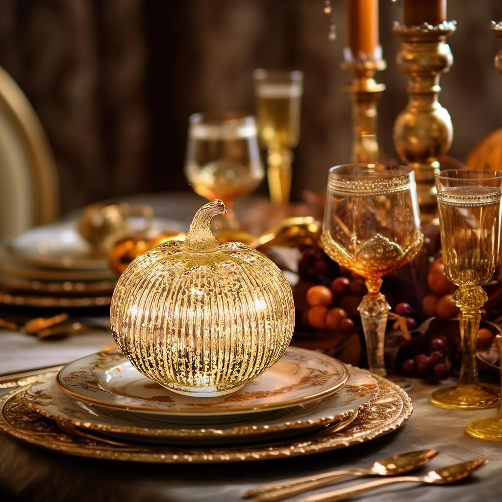 hvfun Mercury Glass Light Up Pumpkin with Timer, Fall Decoration for Home, Silver Halloween Festive Decor Lamp