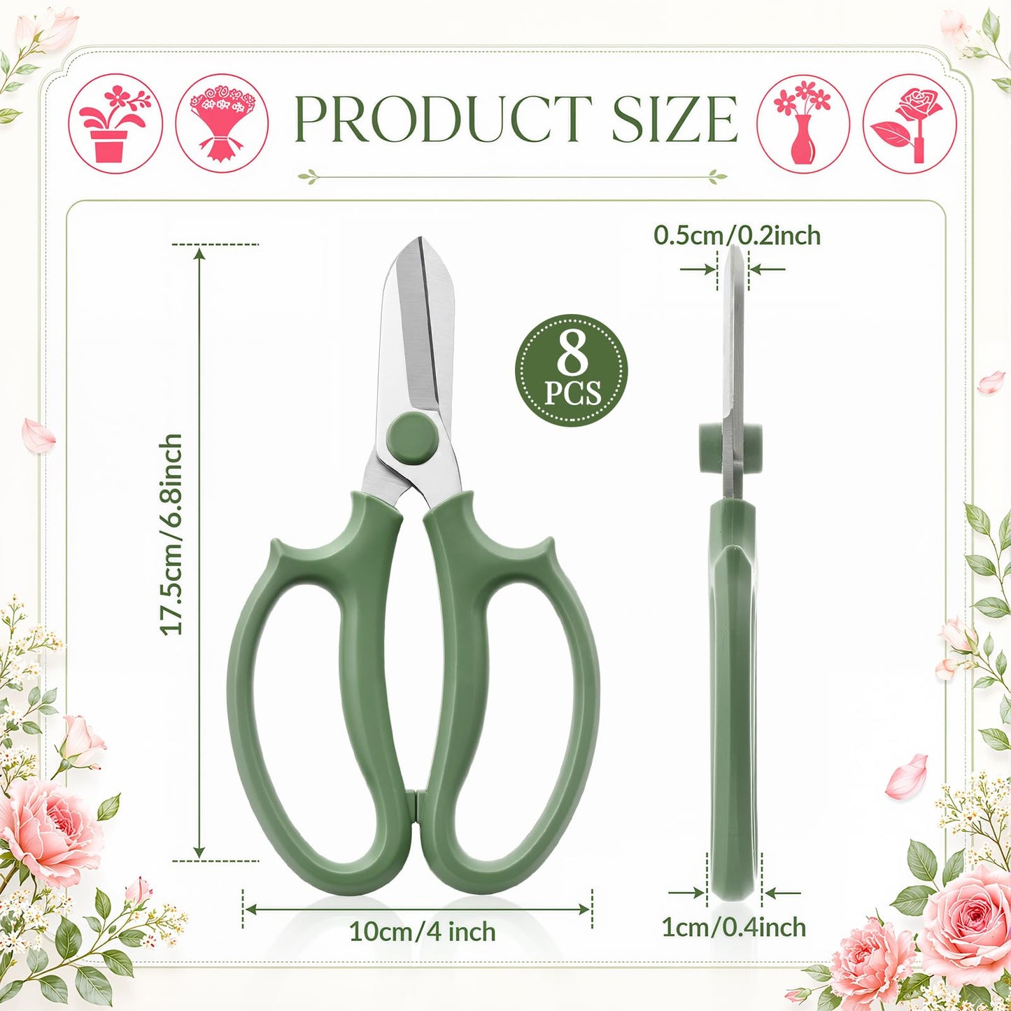 Kigeli 8 Pieces Garden Flower Scissors Floral Shears Garden Pruning Shears with Comfortable Handles for Flower Arrangement Fruit Picking Trimming Household (Green)