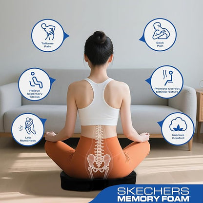 Skechers Seat Cushion, Ergonomic Memory Foam Cushion for Long Sitting Hours on Office & Home Chair, Car Seat Cushion for Sciatica, Coccyx Cushion,Black