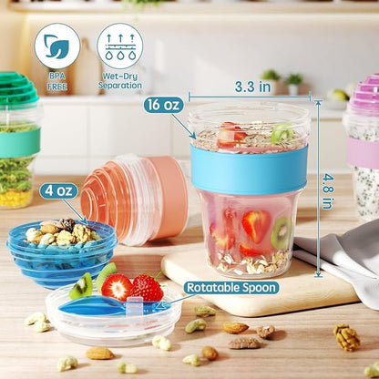 4 Pack Yogurt Parfait Cups with Lids Reusable, 20 oz Plastic Overnight Oats Containers with Lids Spoons Granola Compartment for Fruit Nuts, To Go Overnight Oat Jars for Oatmeal, Snack, Breakfast Prep