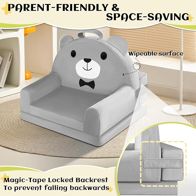 Kids Sofa Bed with Removable Washable Cover & Magic-Tape Backrest – Foldable