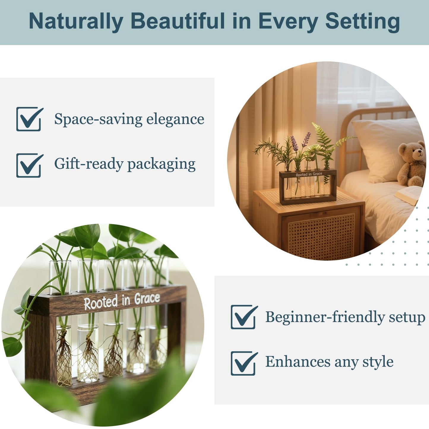 Rooted in Grace Plant Propagation Station – Wooden Stand with 5 Glass Vases, Faith-Inspired Christian Gift for Women, Indoor Plant Cutting Holder for Home, Office, Garden and Housewarming Décor