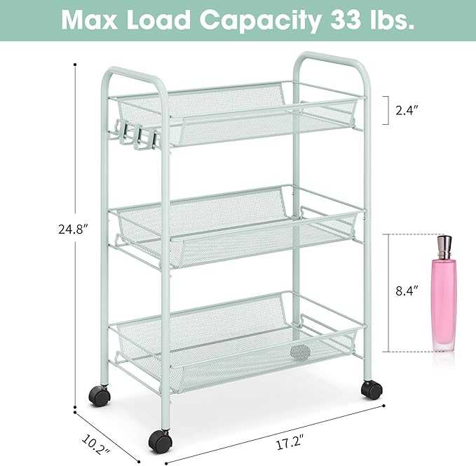 TOOLF 3-Tier Metal Rolling Cart, Mesh Wire Easy Assemble Utility Cart, Storage