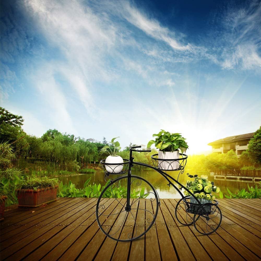 SHJC Tricycle Plant Stand Flower Herbs Holder Plant Pot Holder Flower Rack Flower Indoor Outdoor Garden Use, Perfect for Patios, Porches and Balconies,Brown