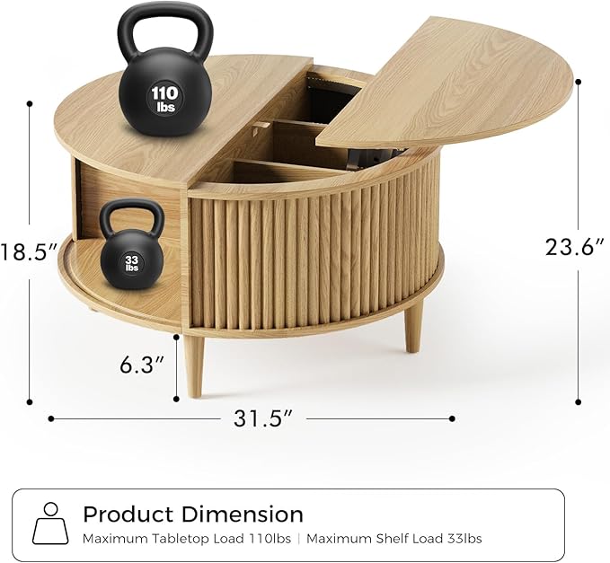 Round Coffee Table with Storage, Fluted Lift Top Coffee Table