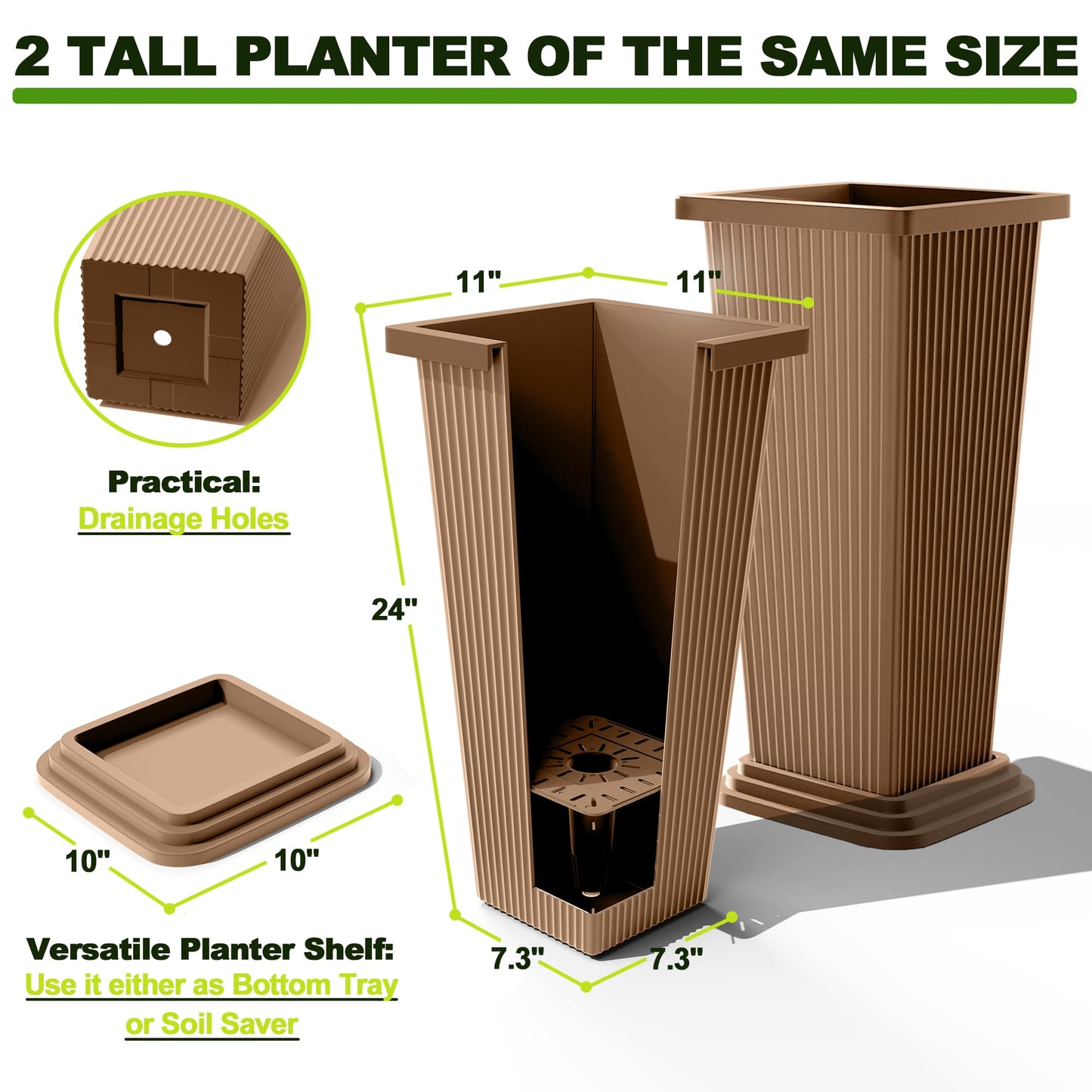 FENCY Set of 2 Tall Planters for Outdoor Plants, 24 Inch Large Tapered Pots with Drainage Trays, Weather-Resistant Plastic Plant Containers for Patio, Porch, Garden, Front Door Decor,Brown, Striped