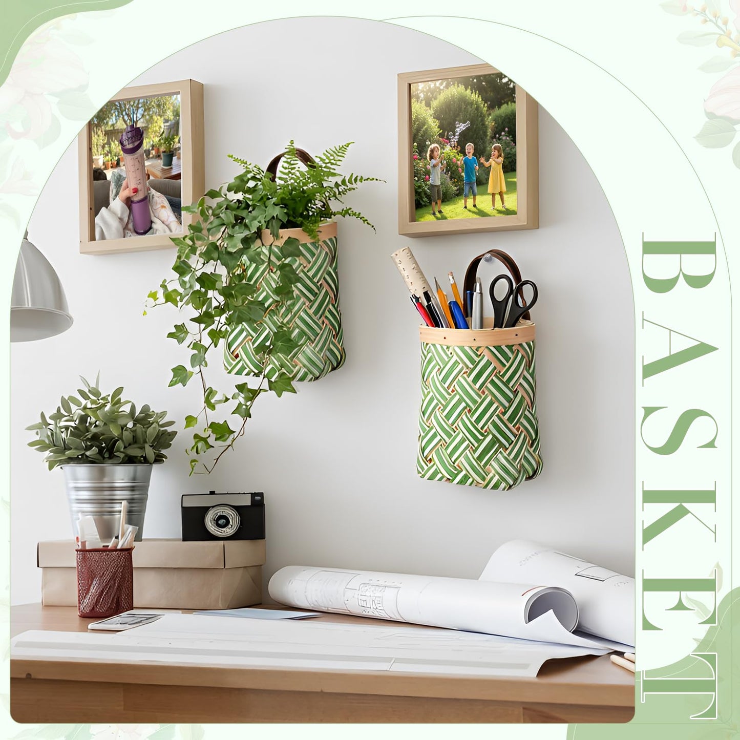 Yinkin 3 Pack 6 Inch Small Wall Hanging Basket Woven Wood Storage Basket Hanging Rope Organizer Flower Plants Vegetable Wall Decoration for Porch Living Room Bedroom Home (Sage Green)