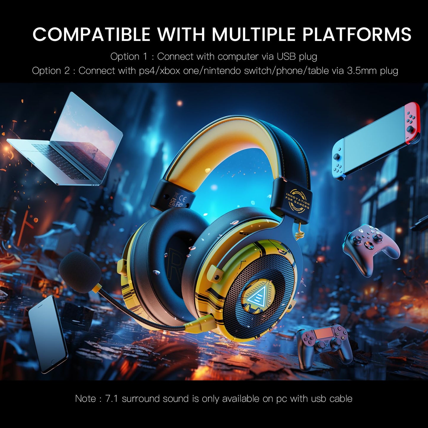 EKSA USB Gaming Headset for PC, Computer Gaming Headphones with Detachable Microphone Noise Cancelling, 7.1 Surround Sound, 50MM Driver, Wired Headset for PS4 PS5, Xbox One, Laptop (Yellow)